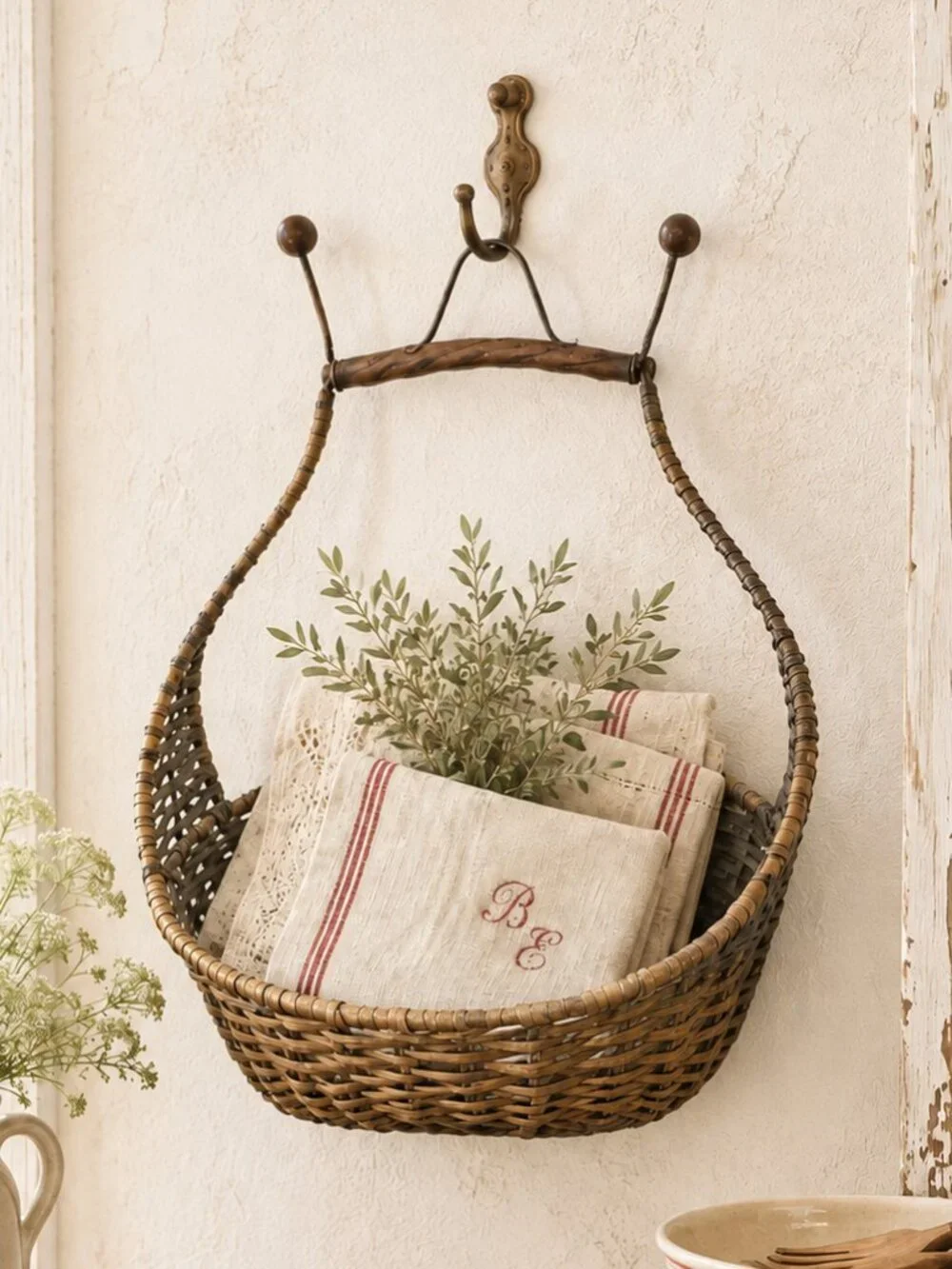 Vintage Woven Wicker & Metal Hanging Wall Basket with Sculptural Handle